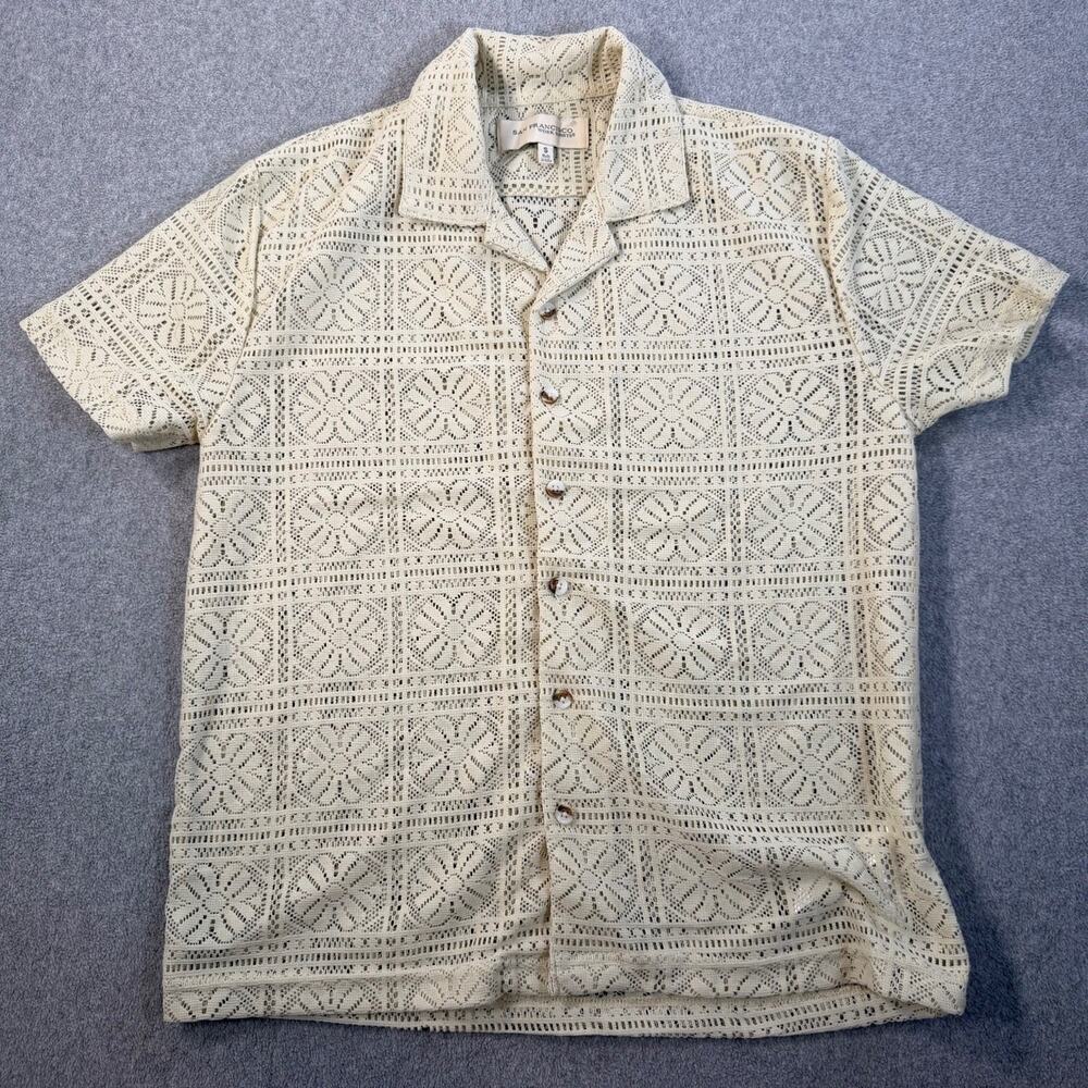 San Francisco Work Shirts Crochet Knit Button Up Camp Top Men's Small Cream